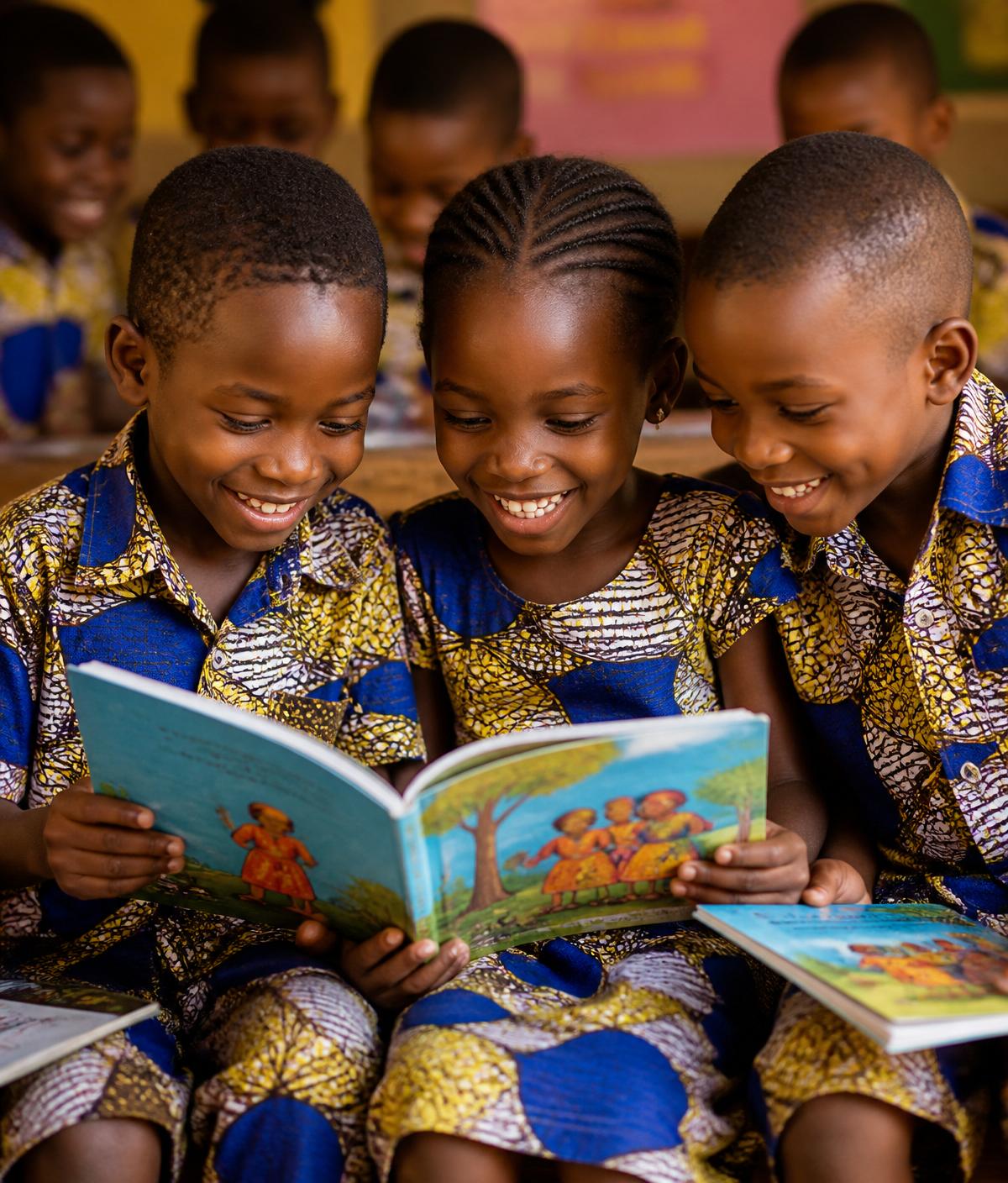 Children in Ankara-print uniforms reading illustrated storybooks together