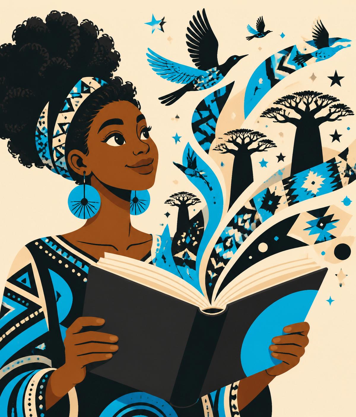 Illustration of an African storyteller with baobab trees, birds and geometric patterns rising from an open book